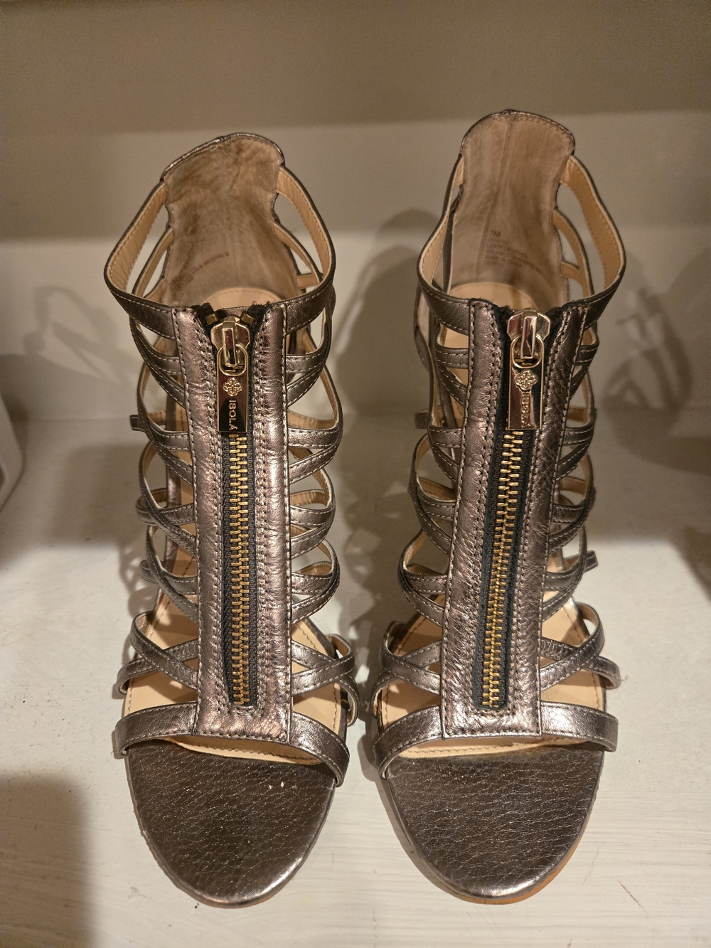 ISOLA Silver Metallic Strappy Zip-Front Heels - Women's 7M